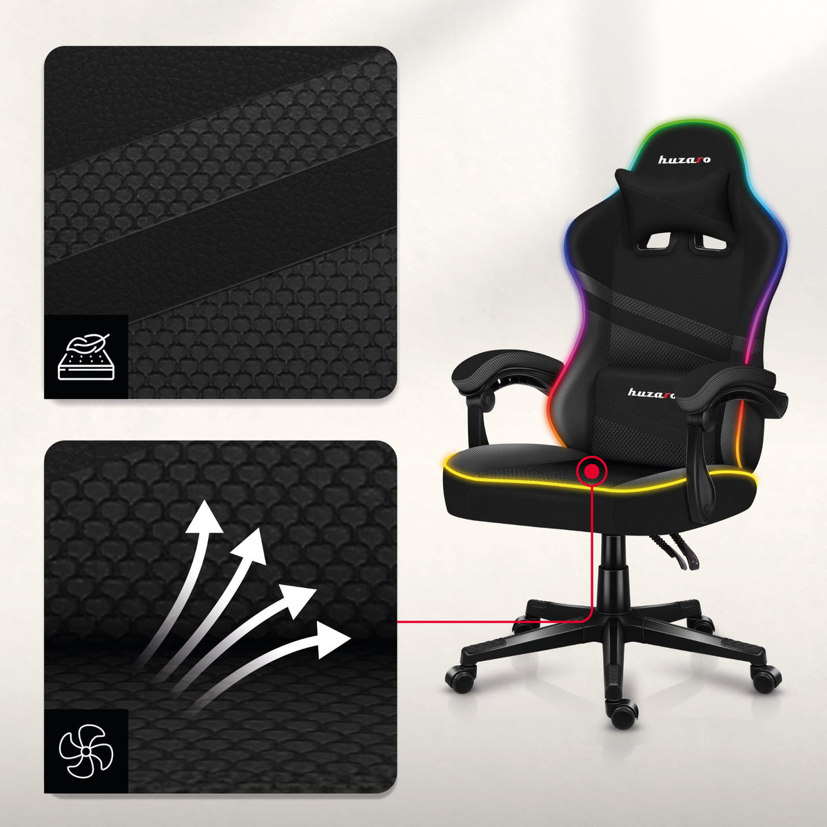 HUZARO FORCE 4.4 RGB LED Schwarz Mesh Gaming-Stuhl