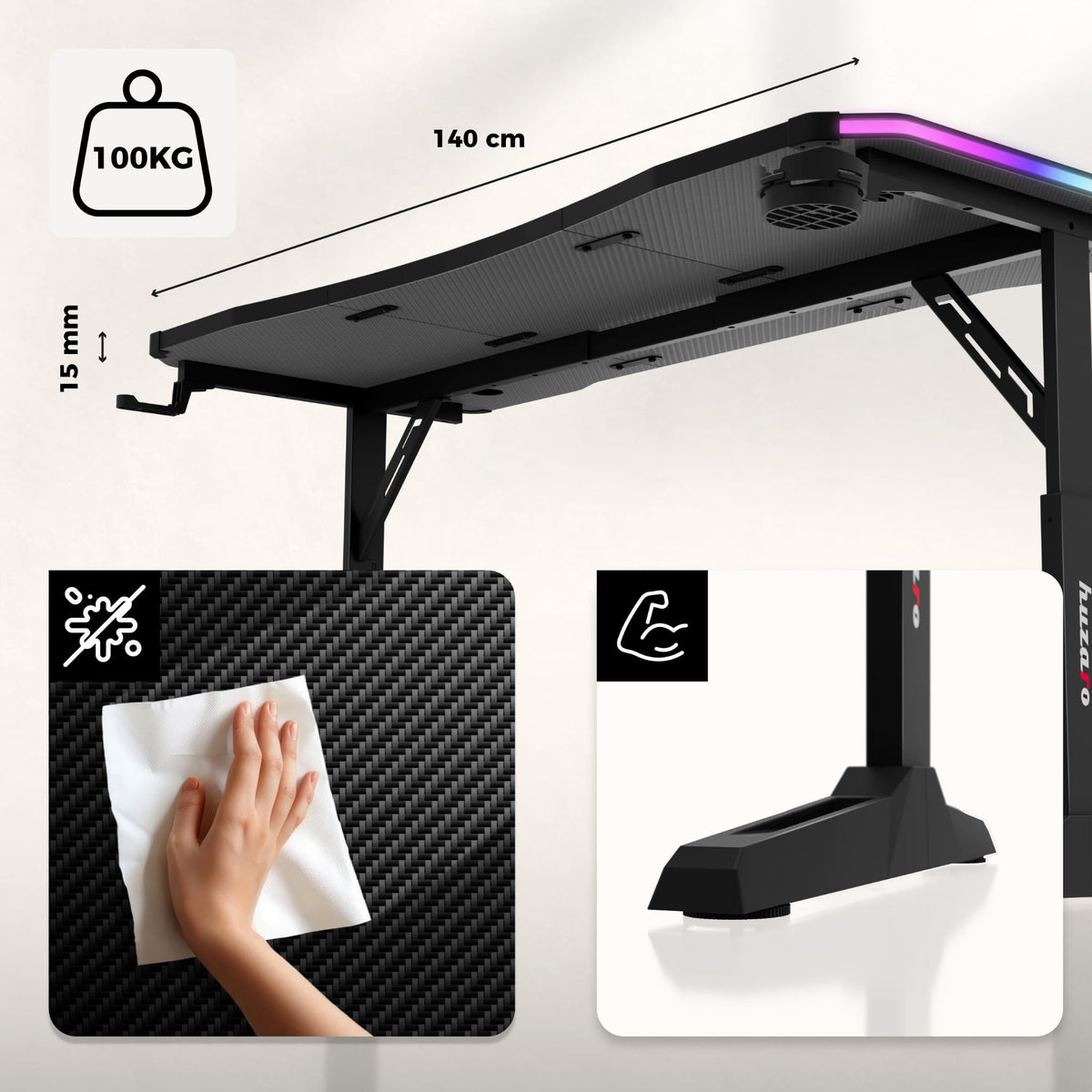 Huzaro Hero 3.6 Schwarzer Gaming-Schreibtisch 140 cm