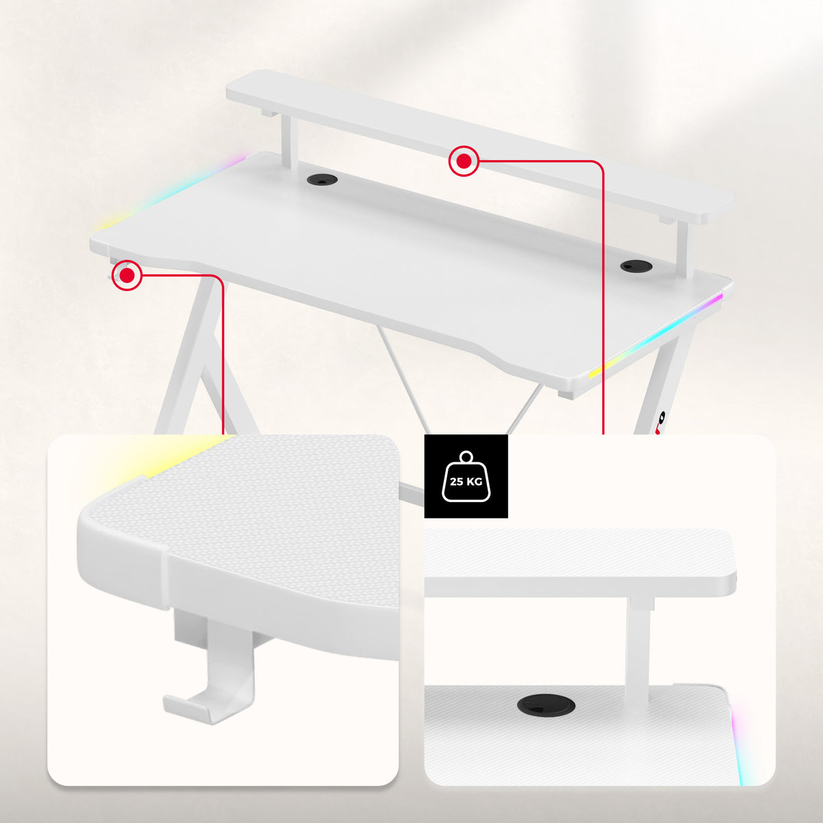 LED-Gaming-Schreibtisch Huzaro Hero 1.9 RGB Weiß 120 cm