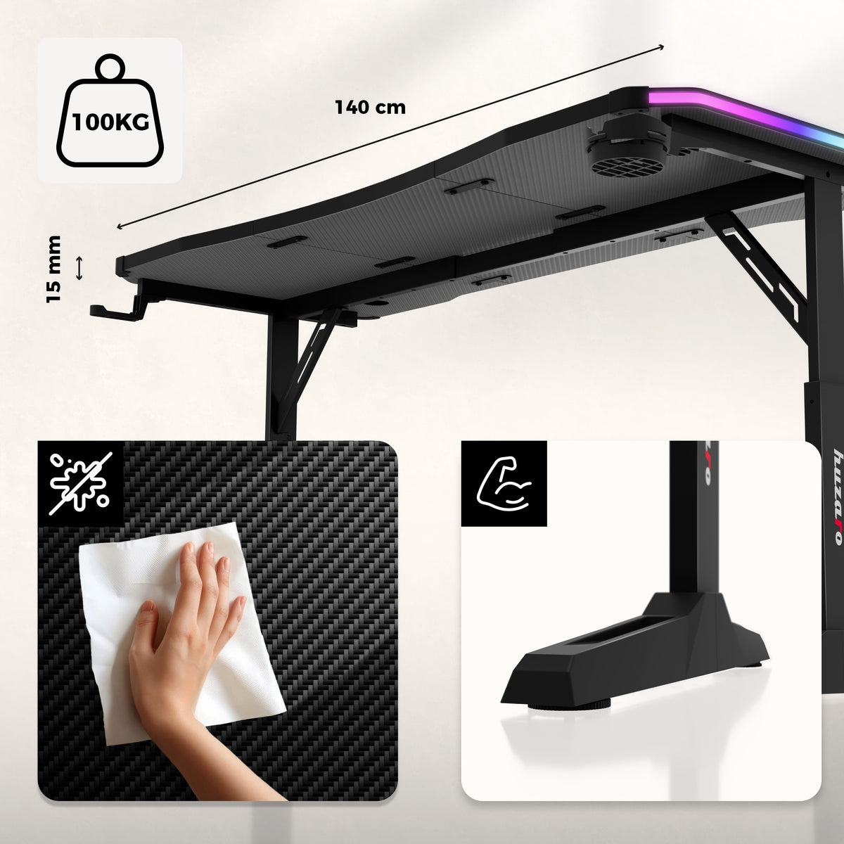 Huzaro Hero 3.6 Schwarzer Gaming-Schreibtisch 140 cm